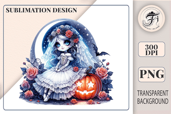 Cute Dark Wedding Girl with Pumpkin PNG: Gothic Fairy-Tale Art