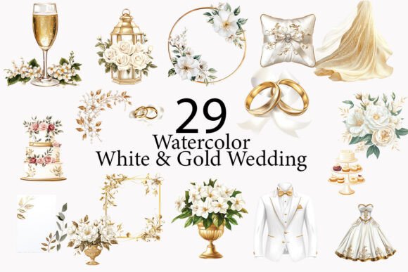Elegant Wedding Design with White & Gold Watercolor Clipart